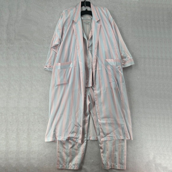 Miss Elaine 3-Piece Satin Pajama Set Womens LARGE‎ Striped Robe Pants Button Top - Picture 1 of 11